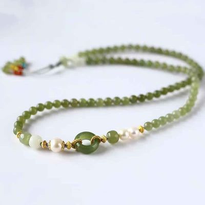 Buddha Stones Hetian Jade Pearl Peace Buckle Luck Wealth String Bracelet Bracelet BS 3