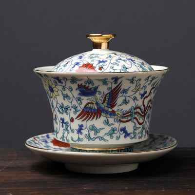 Buddha Stones Retro Plum Blossom Pine Bamboo Phoenix Kirin Ceramic Gaiwan Sancai Teacup Kung Fu Tea Cup and Saucer with Lid Cup BS Phoenix(10cm*9.7cm*190ml)