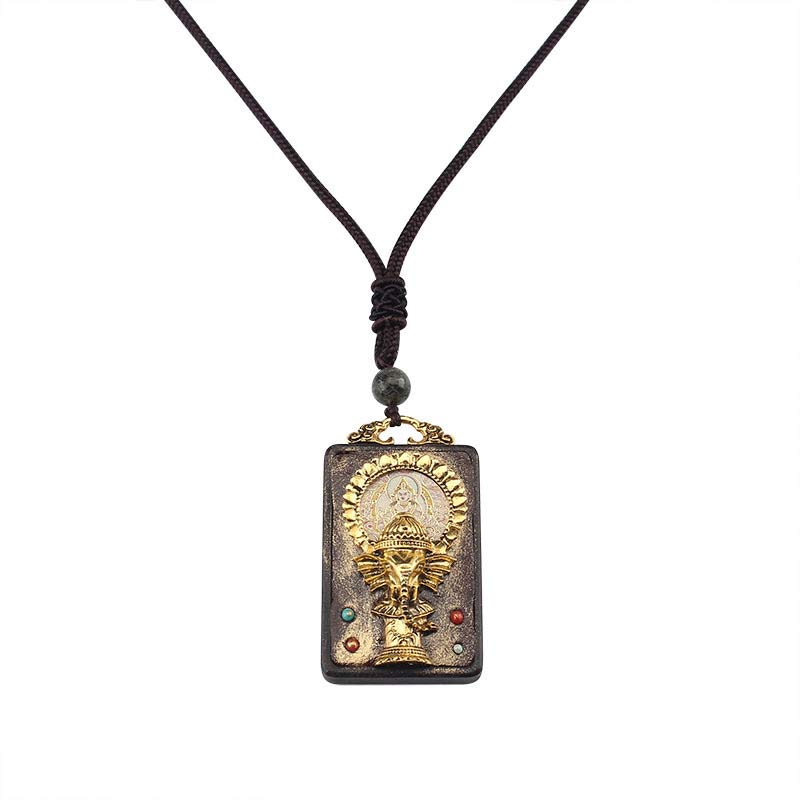 Buddha Stones Ebony Wood Elephant God of Fortune Buddha Blessing Necklace String Pendant Necklaces & Pendants BS 13