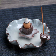 Buddha Stones Lotus Plum Blossom Square Ceramic Spiritual Backflow Incense Burner Incense Burner BS Lotus