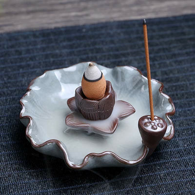 Buddha Stones Lotus Plum Blossom Square Ceramic Spiritual Backflow Incense Burner Incense Burner BS Lotus