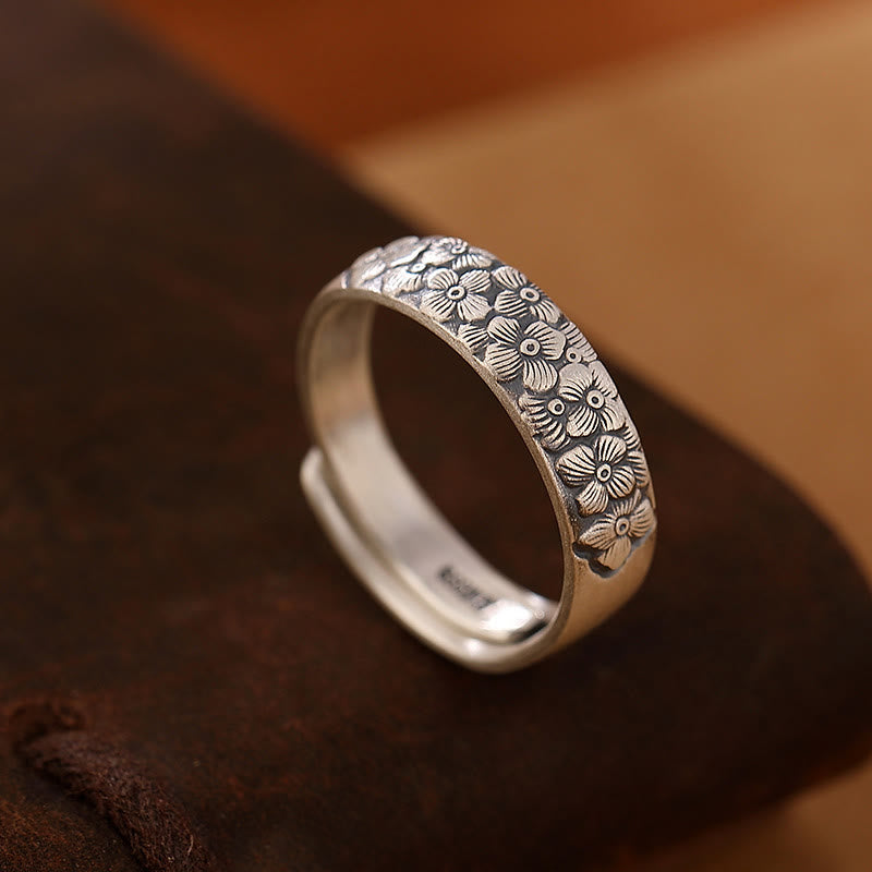 Foviel 999 Sterling Silver Lotus Flower Plum Blossom Auspicious Clouds Engraved Enlightenment Ring