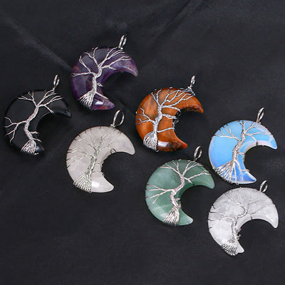 Buddha Stones Natural Quartz Crystal Moon Tree Of Life Healing Energy Necklace Pendant Necklaces & Pendants BS 19