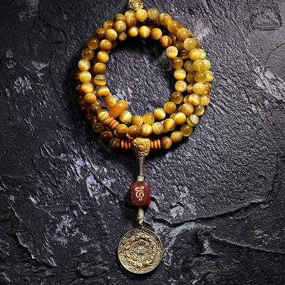 Buddha Stones 108 Mala Beads Natural Tiger Eye Copper Dorje Protection Tassel Bracelet Mala Bracelet BS 6mm Tiger Eye Nine Palaces Eight Diagrams Without Copper Dorje