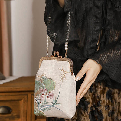Buddha Stones Mountain Stone Orchid Pattern Pearl Chain Crossbody Bag Handbag Crossbody Bag&Handbags BS 1