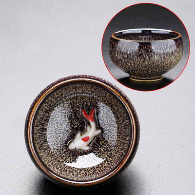 Buddha Stones Small Koi Fish Kiln Change Chinese Jianzhan Ceramic Teacup Kung Fu Tea Cup 60ml Jian Zhan Tea Cup BS Purple Beige 6.6cm*4.2cm*60ml
