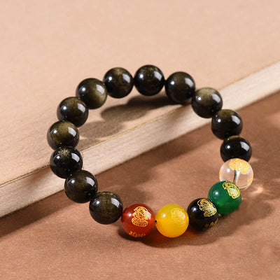 Buddha Stones Gold Sheen Obsidian Rainbow Obsidian Black Obsidian Five Directions Gods of Wealth Bracelet Bracelet BS 4