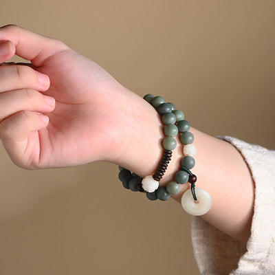 Buddha Stones Cyan Bodhi Seed Lotus Jade Peace Buckle Wisdom Double Wrap Bracelet Mala Bracelet BS 2