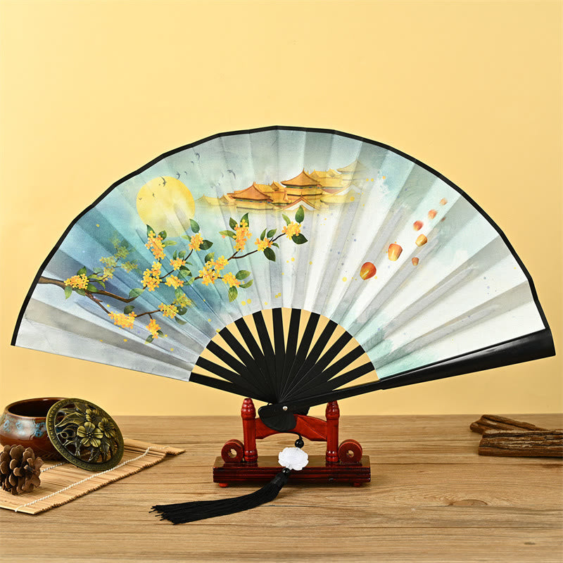 Buddha Stones Vintage Phoenix Nine-Tailed Fox Flower Bamboo Tiger Handheld Folding Fan Lotus Tassel Fan Folding Fan BS Osmanthus Fragrans and Palace
