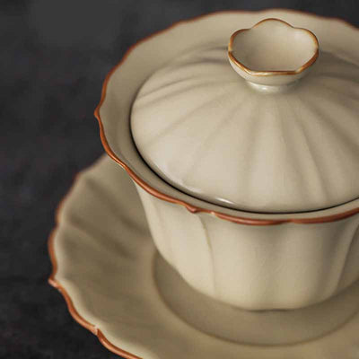 Buddha Stones Beige Plum Blossom Shape Peach Branch Ceramic Gaiwan Sancai Teacup Kung Fu Tea Cup With Lid Cup BS 8