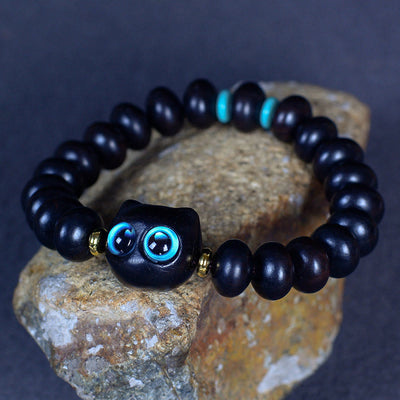 Buddha Stones Ebony Wood Liuli Glass Lovely Cat Peace Balance Bracelet Bracelet BS 4