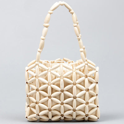 Buddha Stones Hand-woven Mini Wooden Beads Handbag Handbags BS White 16*3*14cm