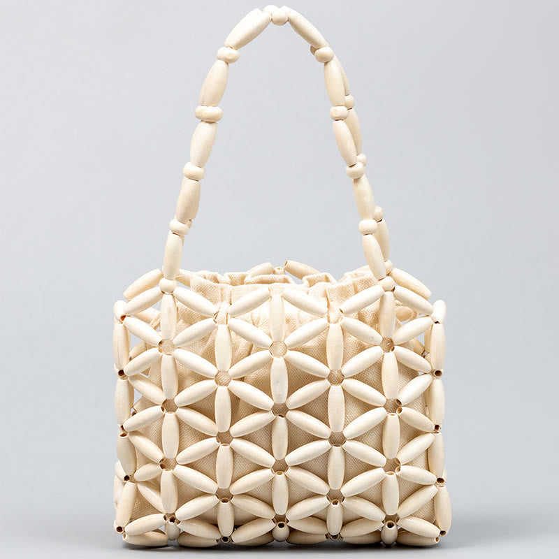 Buddha Stones Hand-woven Mini Wooden Beads Handbag Handbags BS White 16*3*14cm