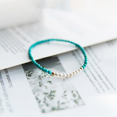 Buddha Stones 925 Sterling Silver Natural Turquoise Pearl Beaded Bracelet Bracelet BS 8