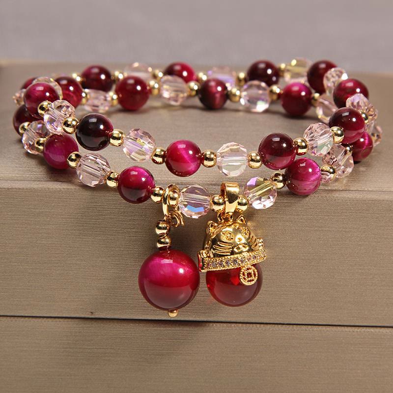 Buddha Stones Tiger Eye Pixiu Fox Money Bag Protection Self Confidence Double Wrap Bracelet Bracelet BS Red Tiger Eye&Lucky Cat