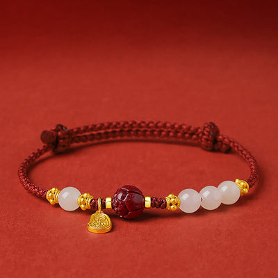 Buddha Stones 24K Gold Plated Hetian White Jade Cinnabar Lotus Luck Rope Bracelet Bracelet BS 13-18cm