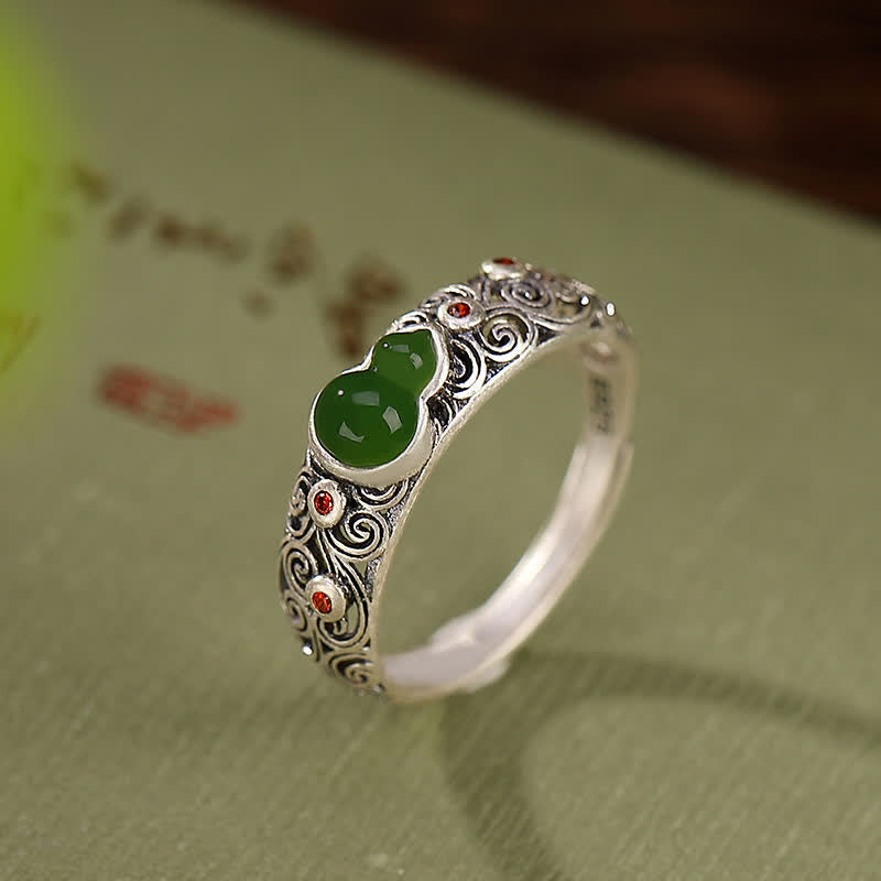 Buddha Stones 925 Sterling Silver Red Agate Cyan Jade Gourd Blessing Auspicious Ring Ring BS Cyan Jade(Success♥Healing)