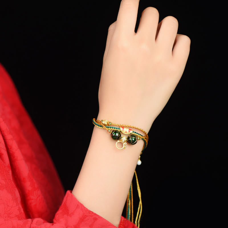 Buddha Stones Tibetan Handmade Rope Liuli Glass Bead Braided Multilayered Healing Bracelet Bracelet BS 7