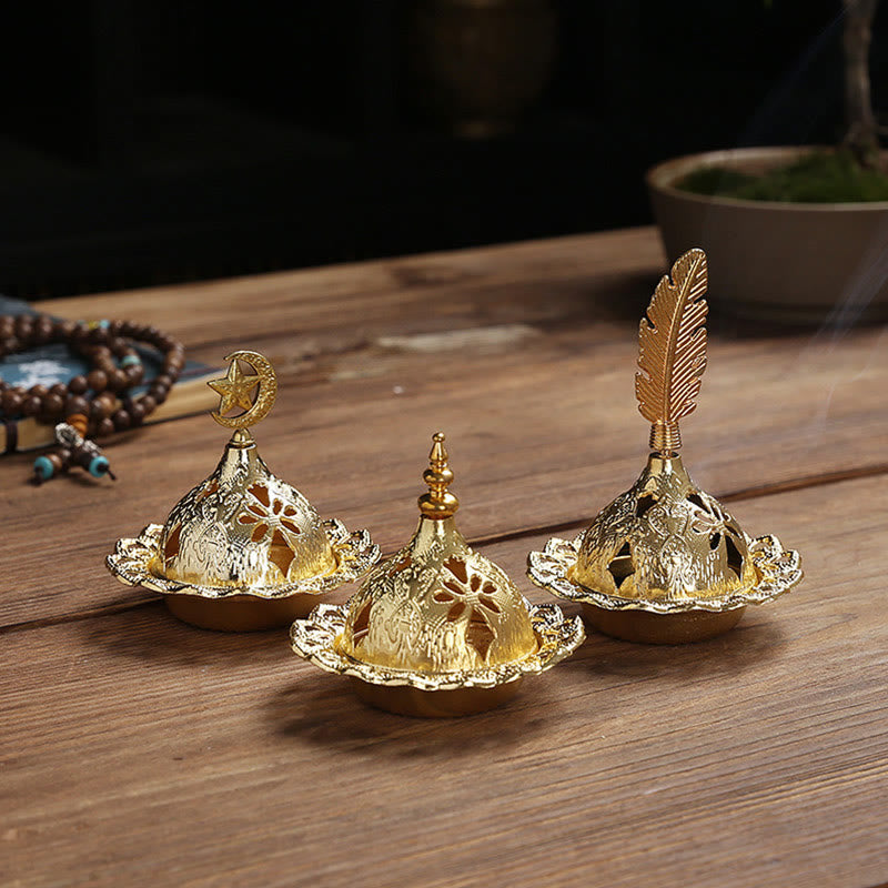 Buddha Stones Gold Gourd Star Feather Spiritual Meditation Mini Alloy Metal Incense Burner Incense Burner BS 1