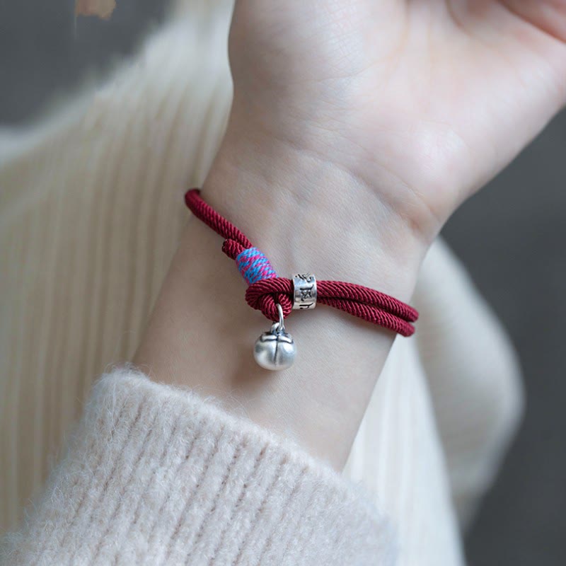 Buddha Stones 925 Sterling Silver Tibetan Handmade Om Mani Padme Hum Persimmon Charm Luck Protection Braided Bracelet Bracelet BS 6