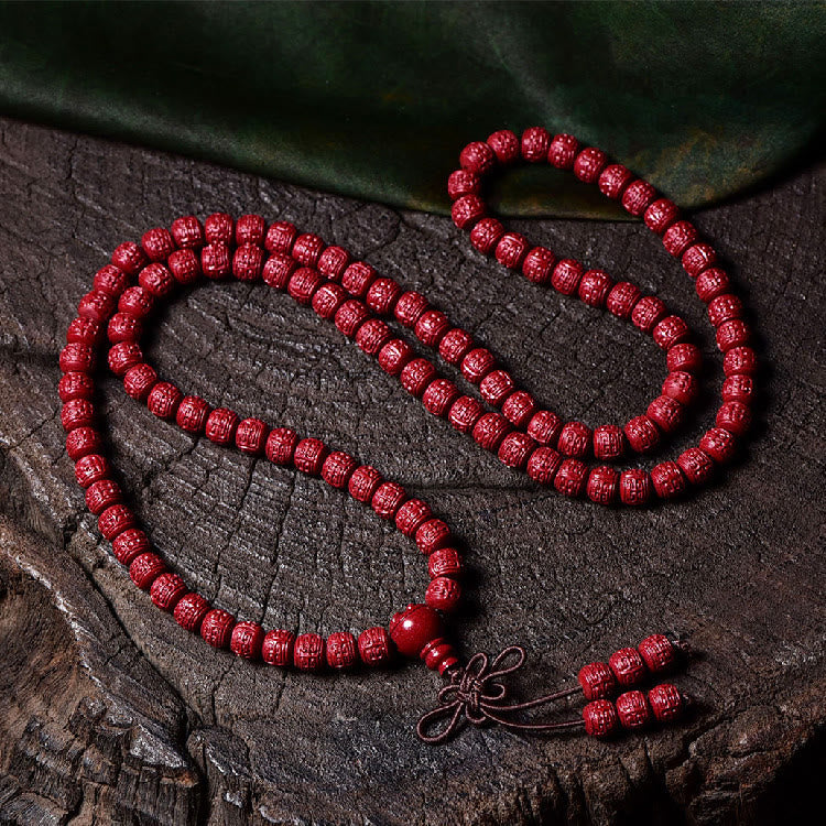 Buddha Stones 108 Mala Beads Cinnabar Om Mani Padme Hum Pattern Engraved Blessing Bracelet Mala Bracelet BS 6mm*108 Barrel Beads Engraved