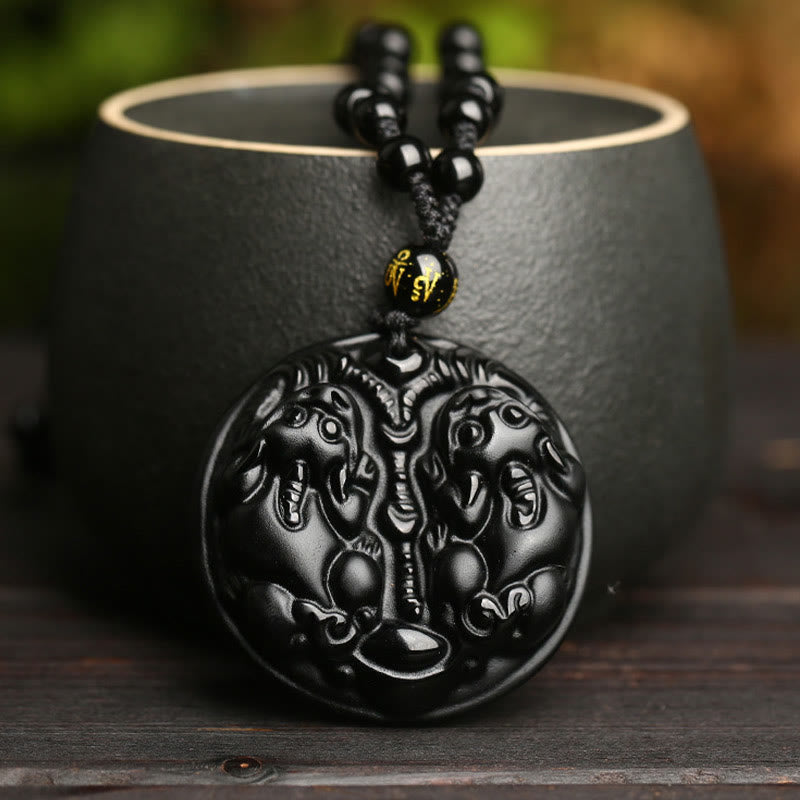 Buddha Stones Black Obsidian Double Pixiu Bead Rope Purification Necklace Pendant Necklaces & Pendants BS 4