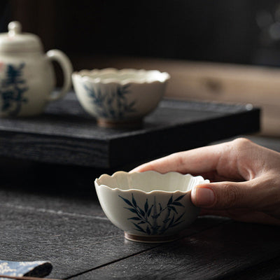 Buddha Stones Small Blue Bamboo Leaves Ceramic Teacup Kung Fu Tea Cup Bowl Cup BS 6