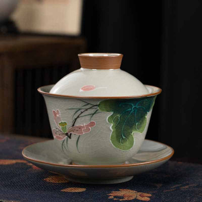 Buddha Stones Lotus Koi Fish Pod Leaf Ceramic Gaiwan Sancai Teacup Kung Fu Tea Cup And Saucer With Lid 140ml Cup BS 10