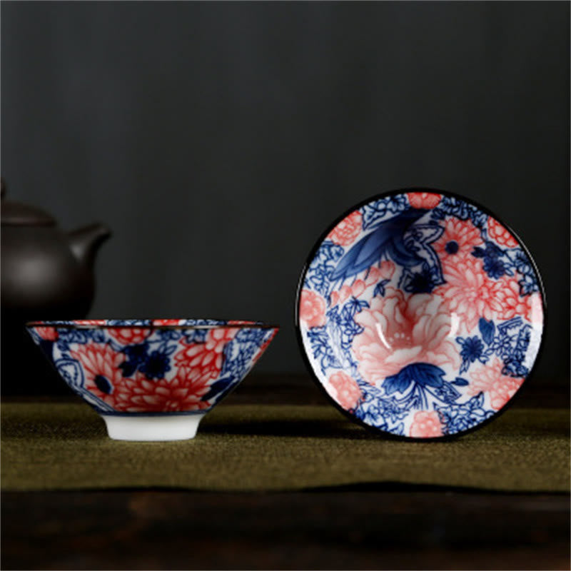 Buddha Stones Flowers Fu Character Mountains Lotus Cherry Blossoms Ceramic Teacup Kung Fu Tea Cup Cup BS Red Chrysanthemum Peony 8.5cm*4cm*90ml