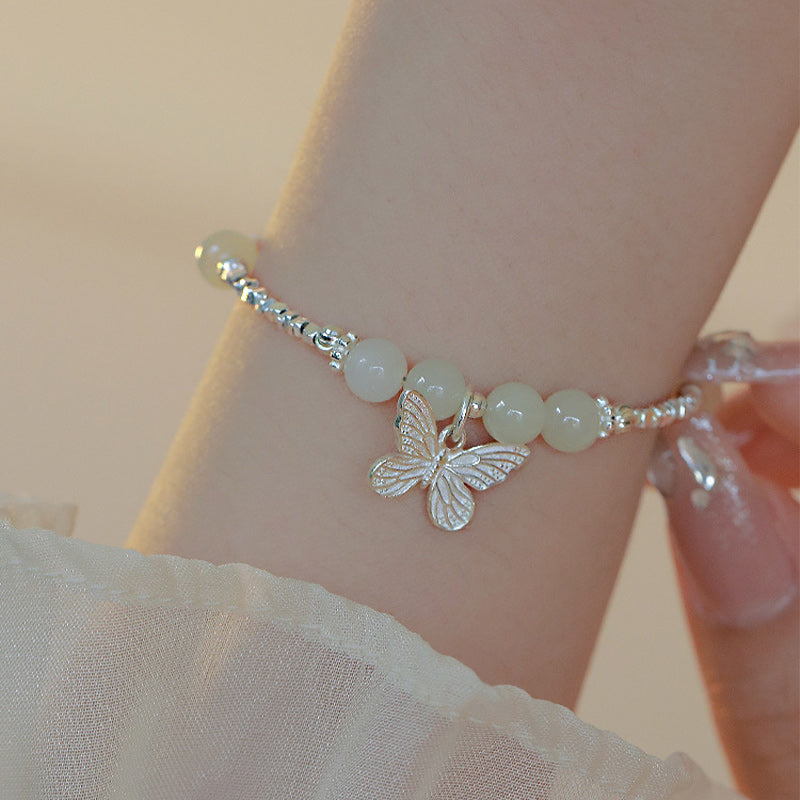 Buddha Stones 925 Sterling Silver Natural Hetian Jade Luck Butterfly Charm Bracelet Bracelet BS 1