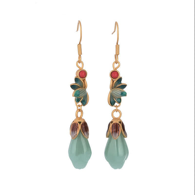 Buddha Stones Magnolia Flower Jade Pattern Luck Prosperity Drop Dangle Earrings Earrings BS 5