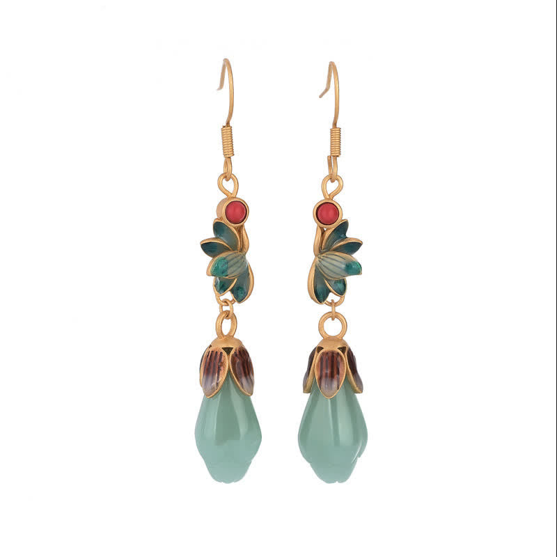 Buddha Stones Magnolia Flower Jade Pattern Luck Prosperity Drop Dangle Earrings Earrings BS 5