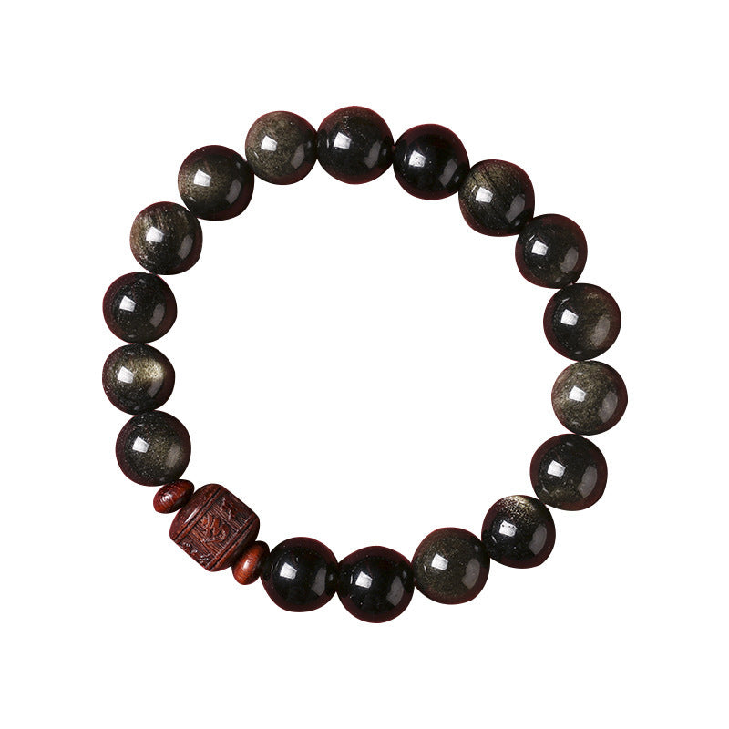 Buddha Stones Natural Gold Sheen Obsidian Rainbow Obsidian Om Mani Padme Hum Fu Character Healing Bracelet Bracelet BS 12