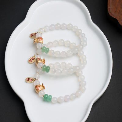 Buddha Stones Natural White Agate Red Agate Money Bag Fu Character Four Leaf Clover Protection Bracelet Bracelet BS 3