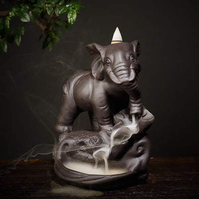 Buddha Stones Tibetan Elephant Purple Clay Backflow Smoke Fountain Peace Healing Incense Burner Decoration Incense Burner BS 1