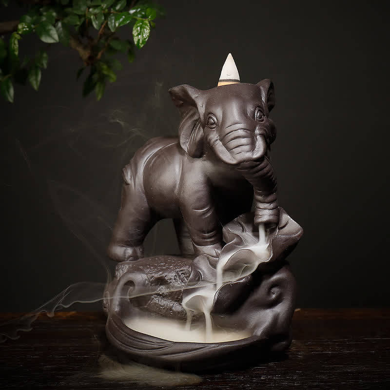 Buddha Stones Tibetan Elephant Purple Clay Backflow Smoke Fountain Peace Healing Incense Burner Decoration Incense Burner BS 1