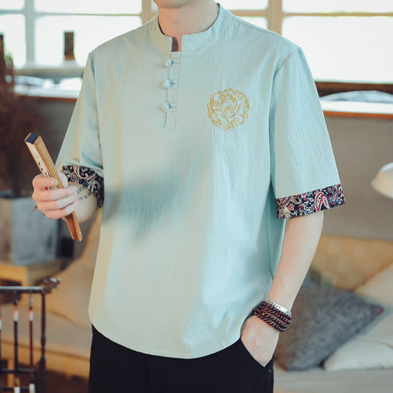Buddha Stones Frog-Button Dragon Embroidery Chinese Tang Suit Short Sleeve Shirt Linen Men Clothing Men's Shirts BS 15