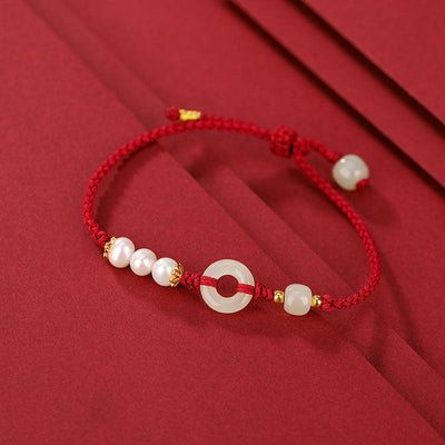 Buddha Stones 925 Sterling Silver Plated Gold Hetian Jade Peace Buckle Pearl Luck Bracelet Bracelet BS Dark Red Rope(Wrist Circumference 14-16cm)