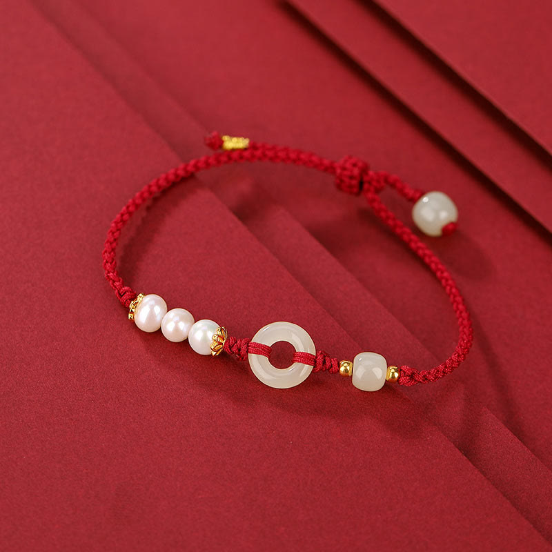 Buddha Stones 925 Sterling Silver Plated Gold Hetian Jade Peace Buckle Pearl Luck Bracelet Bracelet BS Dark Red Rope(Wrist Circumference 14-16cm)