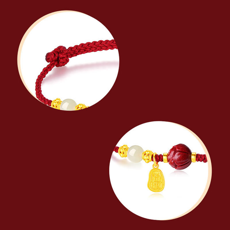 Buddha Stones 24K Gold Plated Hetian White Jade Cinnabar Lotus Luck Rope Bracelet Bracelet BS 3