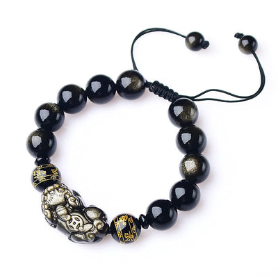 Buddha Stones Natural Gold Sheen Obsidian PiXiu Om Mani Padme Hum Wealth Braided Bracelet Bracelet BS 9