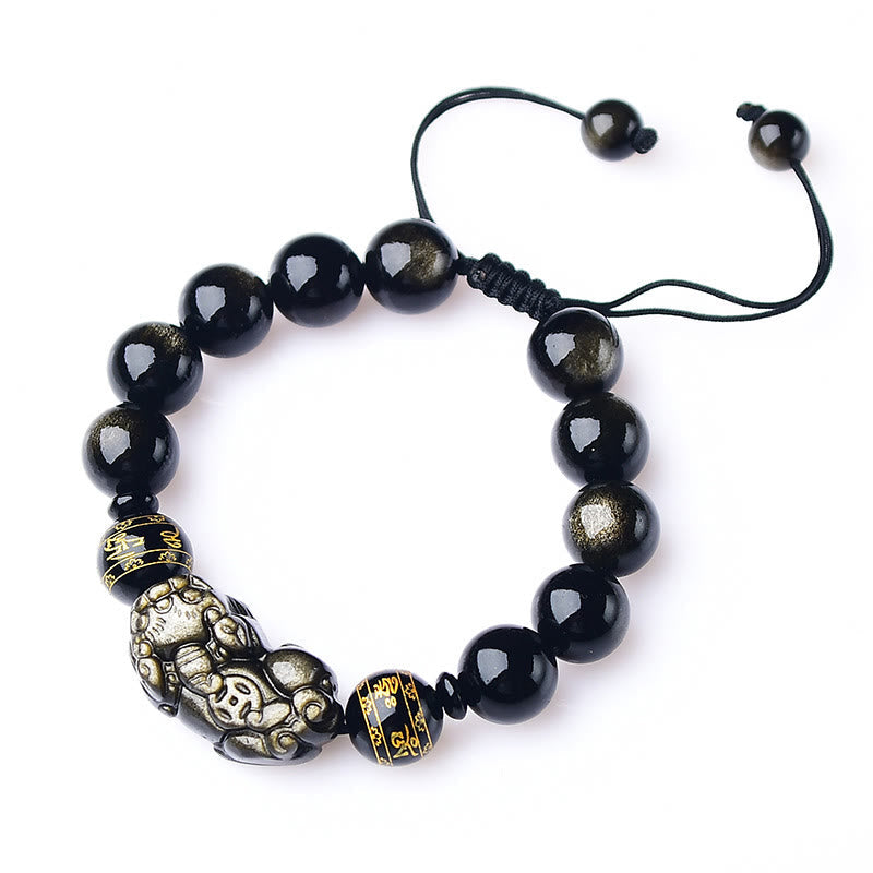 Buddha Stones Natural Gold Sheen Obsidian PiXiu Om Mani Padme Hum Wealth Braided Bracelet Bracelet BS 9