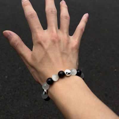 Buddha Stones Black Obsidian Cat's Eye Yin Yang Purification Strength Bracelet Bracelet BS 4