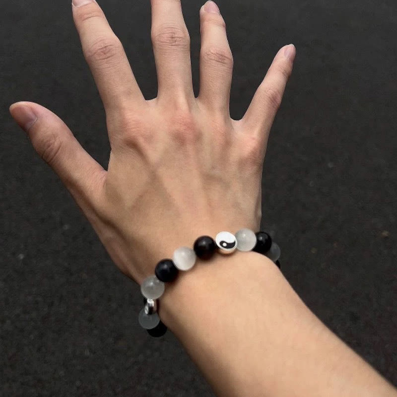 Buddha Stones Black Obsidian Cat's Eye Yin Yang Purification Strength Bracelet Bracelet BS 4