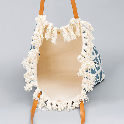 Buddha Stones Large Capacity Boho Geometry Print Tassel Canvas Tote Shoulder Bag Shoulder Bag BS 1