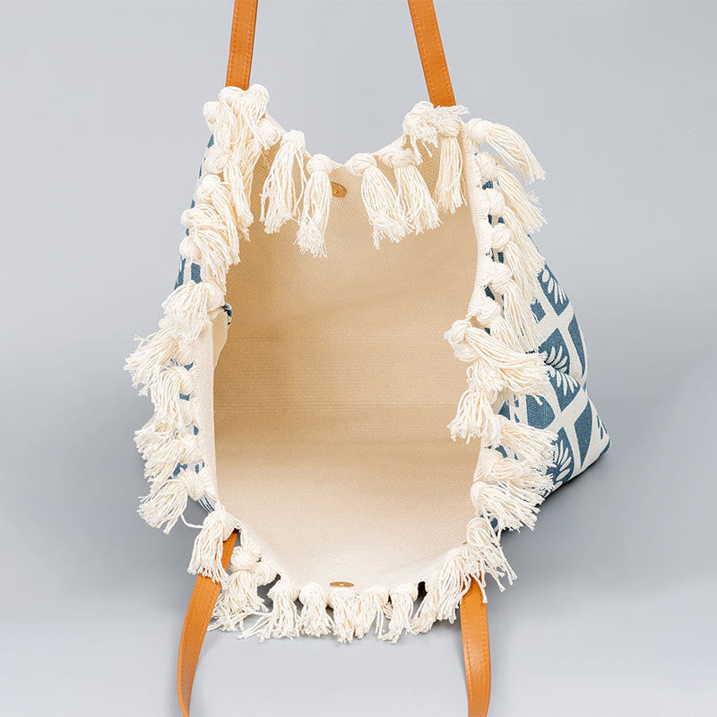 Buddha Stones Large Capacity Boho Geometry Print Tassel Canvas Tote Shoulder Bag Shoulder Bag BS 1