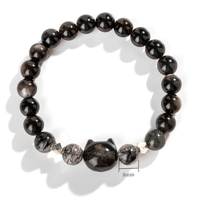 Buddha Stones Natural Silver Sheen Obsidian Cute Cat Head Protection Bracelet Bracelet BS 4