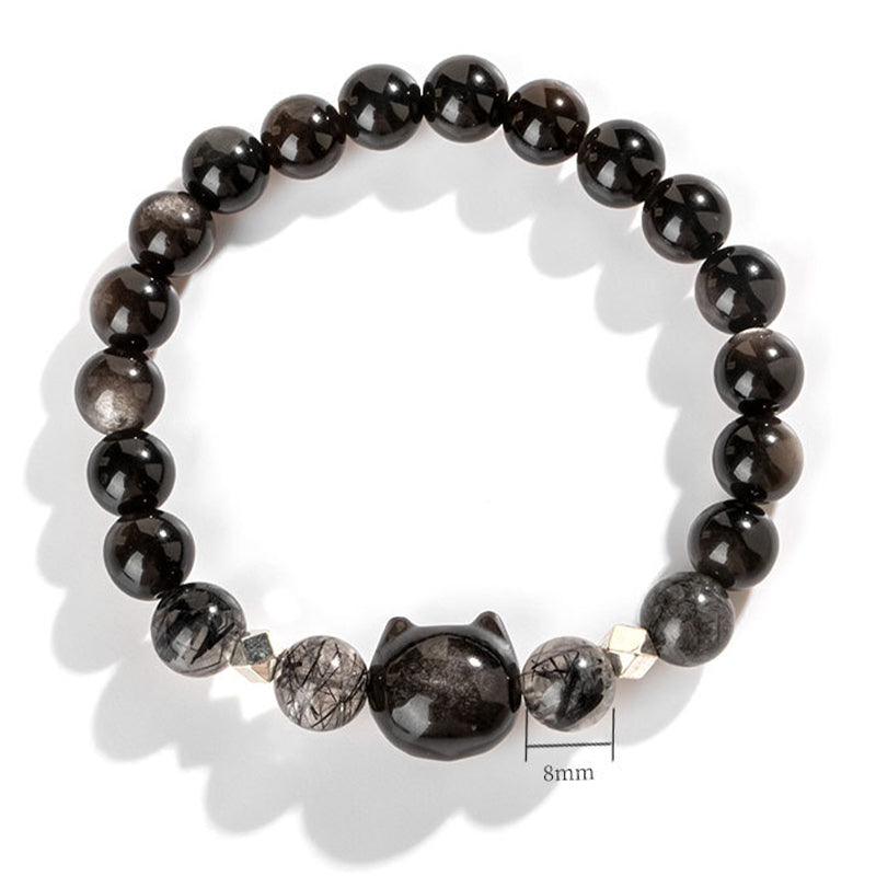 Buddha Stones Natural Silver Sheen Obsidian Cute Cat Head Protection Bracelet Bracelet BS 4