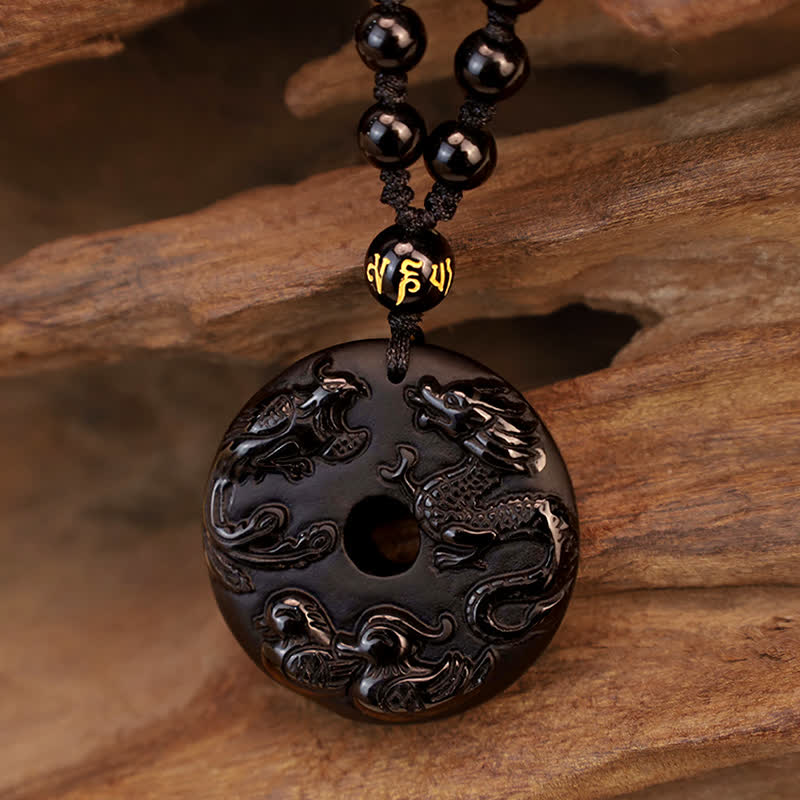 Buddha Stones Black Obsidian Dragon Phoenix Mandarin Duck Luck Protection Necklace Pendant Necklaces & Pendants BS 6