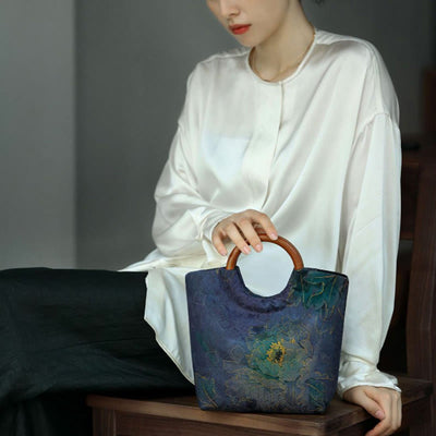 Buddha Stones Peony Flower Bamboo Leaves Bird Solid Wood Handle Handbag Handbags BS 10